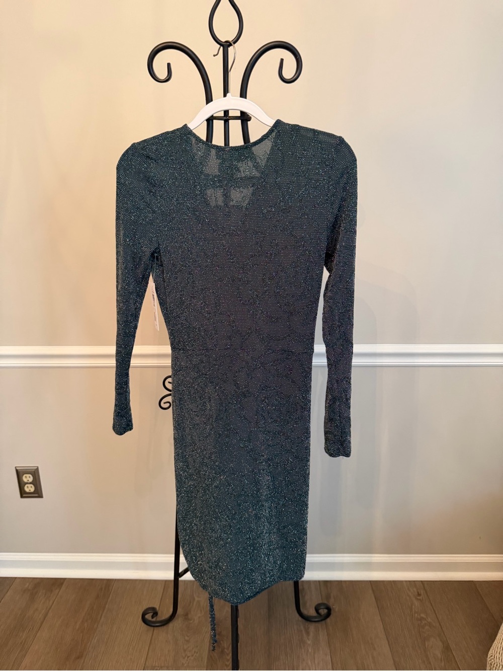 NWT Premier Amour Hunter Green Metallic Shimmer Faux Wrap Ruched Bodycon Dress - Picture 7 of 8